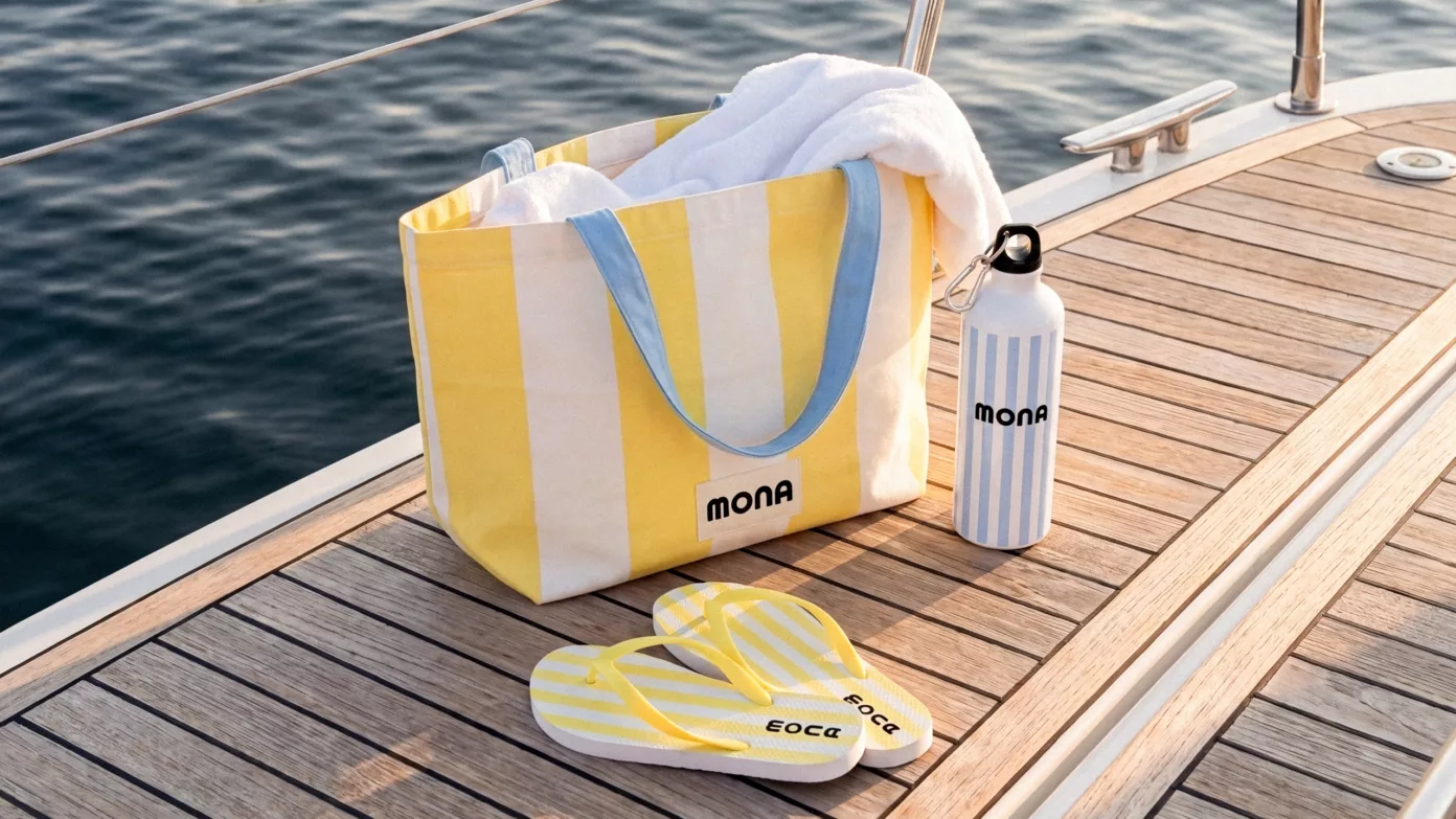 A yellow striped beach bag, a bottle and MONA flip-flops on the teak deck of a boat.