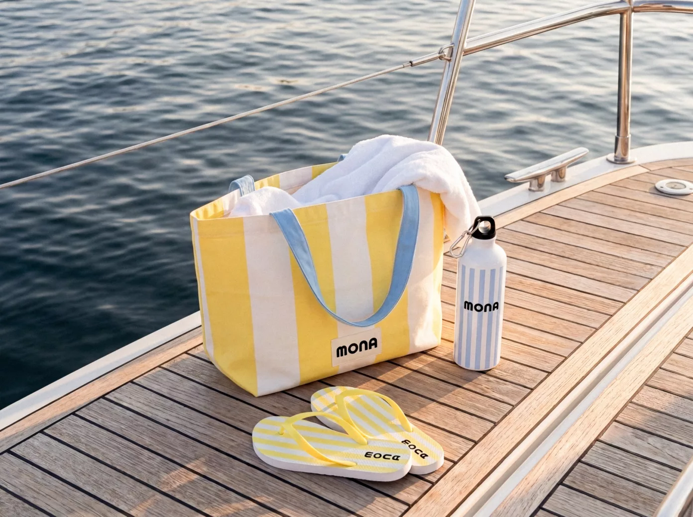 Un sac de plage rayé, une gourde et des tongs MONA sur le pont d’un bateau.