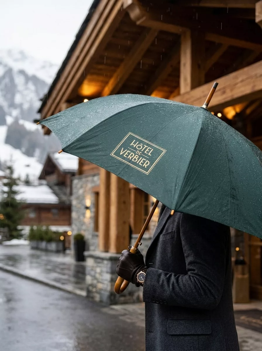 Un client abrité sous un parapluie vert brodé Hôtel Verbier, devant un chalet enneigé.