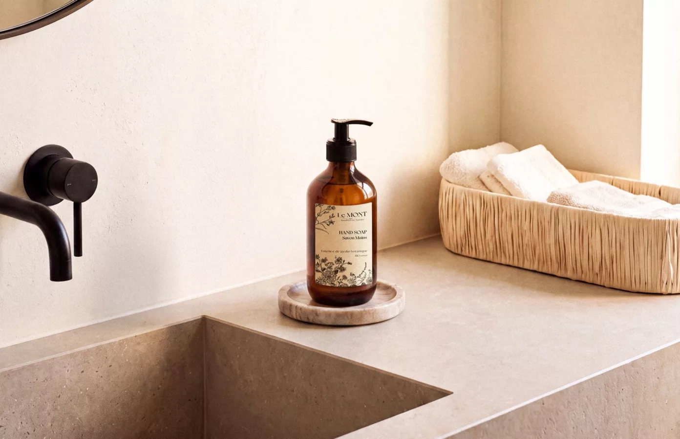 Pump dispensers in a hotel bathroom, luxury hotel toiletries by Maison Maëstra