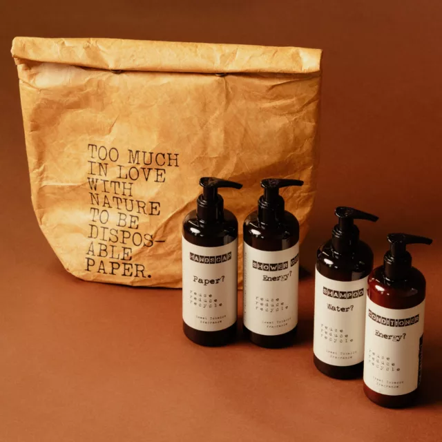 Amber pump bottles of hand soap, shower gel and shampoo before a kraft paper bag, WHY WASTING toiletries