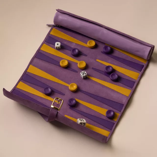 Backgammon de voyage en cuir violet à flèches jaunes, pions et dés, jeu sur-mesure pour les familles
