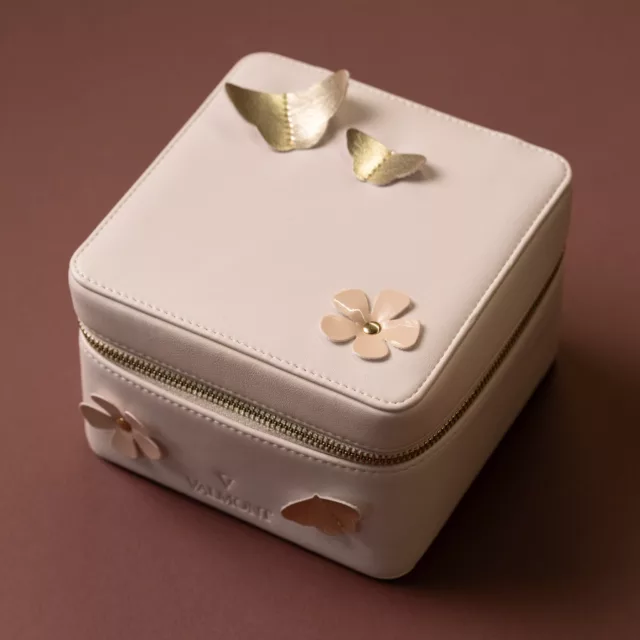 Powder-pink leather zipped case with gilt butterflies and leather flowers, Maison Maëstra