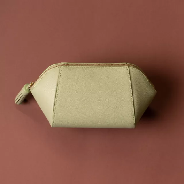 Sage green cross-grain leather make-up bag with gilt zip and tassel, Maison Maëstra